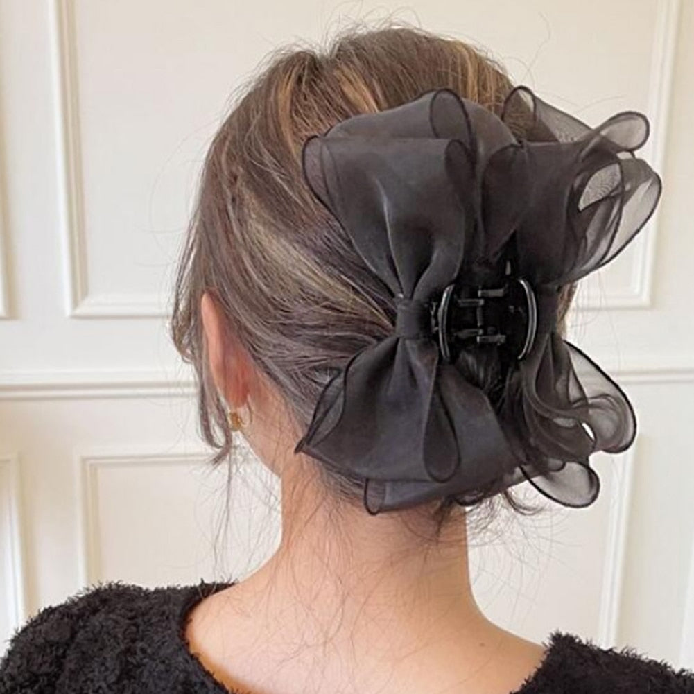 Korea Sweet Mesh Tulle Big Bow Hair Claw Clips for Women White Black Bowknot Hair Clamp Hairpin Headdress Accessories Shark Clip