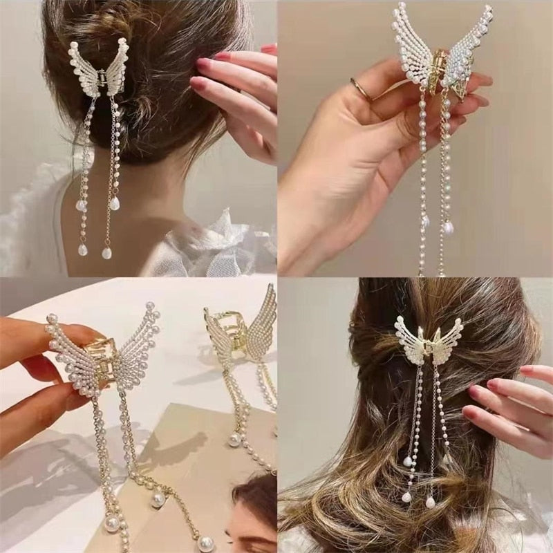 2026 New Butterfly Pearl Tassel Hairpin Korean Simple Side Clip Liu Haibian Clip Shark Hairpin Hair Accessories Women