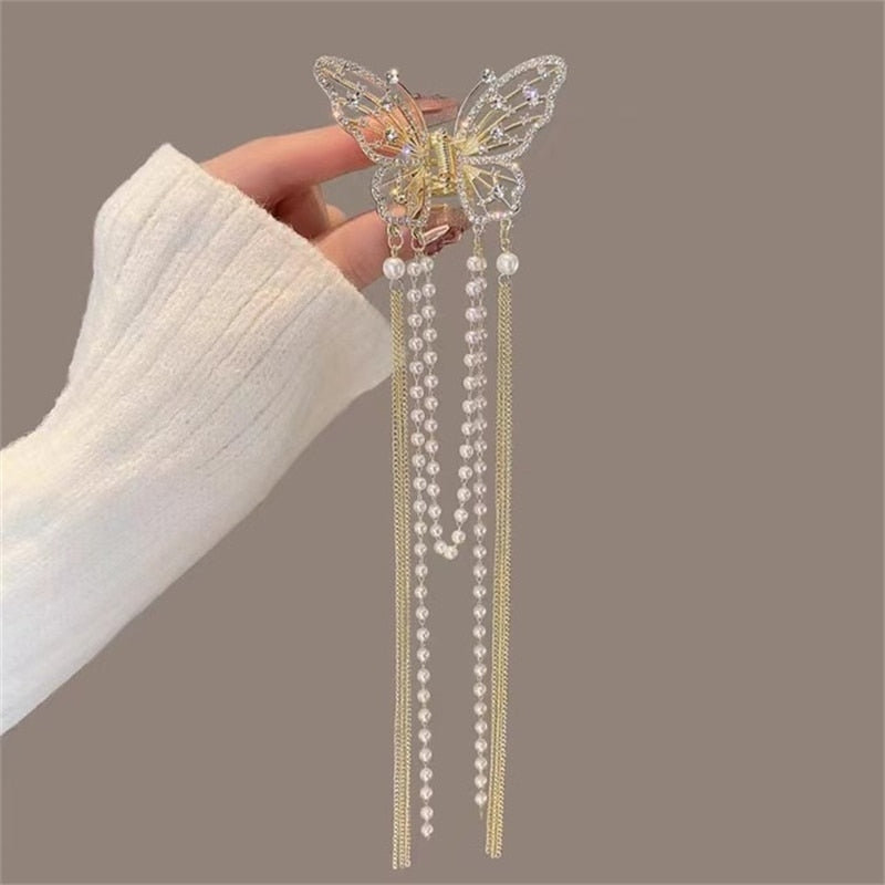 2026 New Butterfly Pearl Tassel Hairpin Korean Simple Side Clip Liu Haibian Clip Shark Hairpin Hair Accessories Women